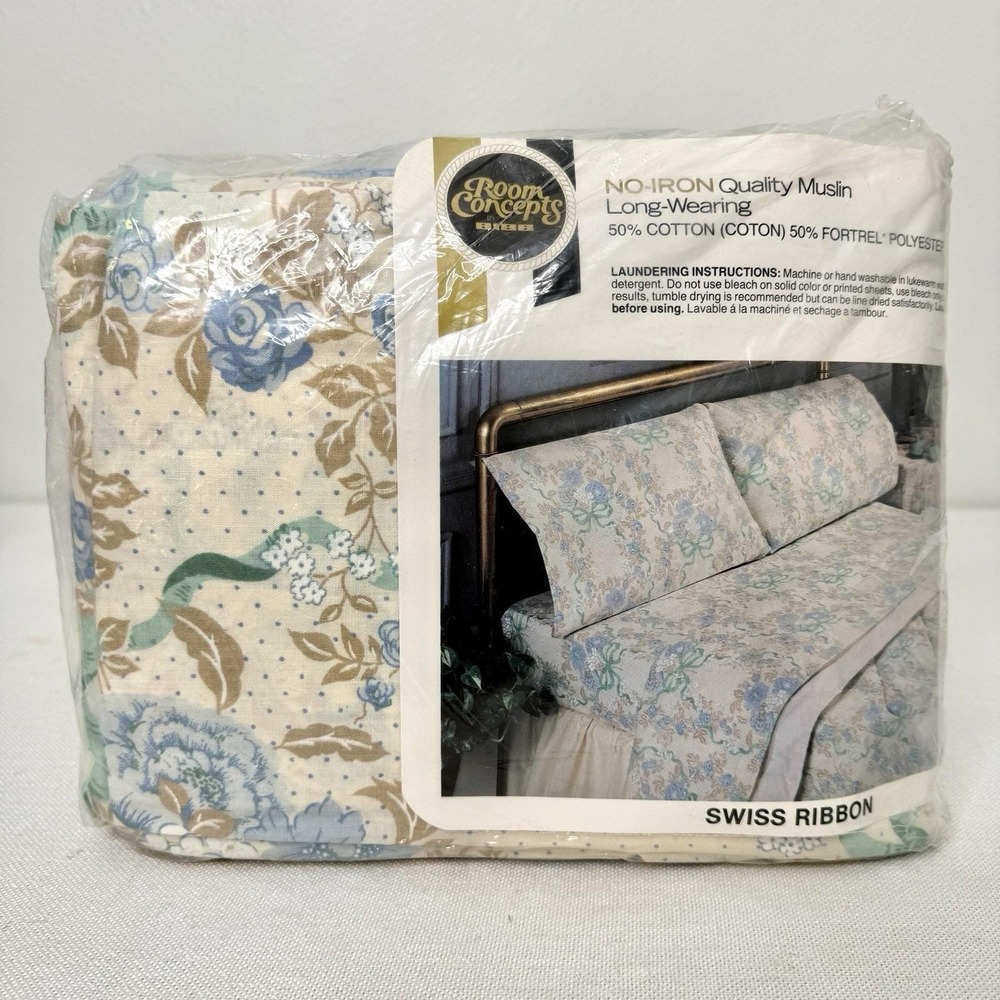 Vintage Bibb Room Concepts Swiss Ribbon Twin Bed 3 Piece Sheet Set New Sealed - Picture 6 of 15